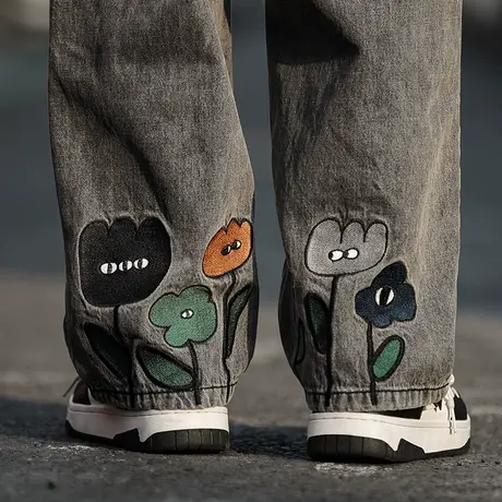 美式阔腿牛仔裤男秋冬薄款宽松直筒休闲裤子潮牌裤脚小花拖地长裤商品大图