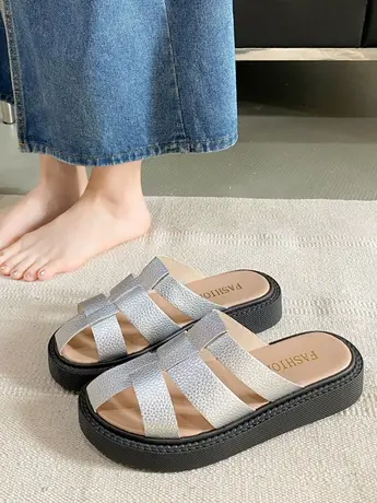 包头罗马凉鞋编织平底韩国猪笼鞋2024年新款一脚蹬沙滩凉拖女外穿商品大图