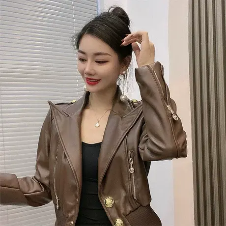 美拉德短款皮衣外套女早春2024新款爆款气质小个子机车服夹克上衣图片