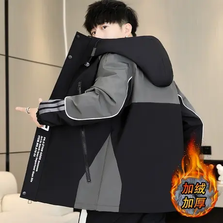 撞色拼接冲锋衣男士秋冬款加绒加厚夹克男潮牌青少年保暖棉服外套商品大图