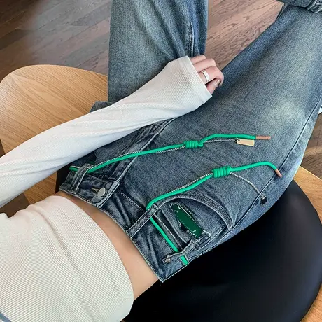 九分哈伦牛仔裤女2024春秋新款高腰显瘦宽松小个子抽绳萝卜老爹裤商品大图