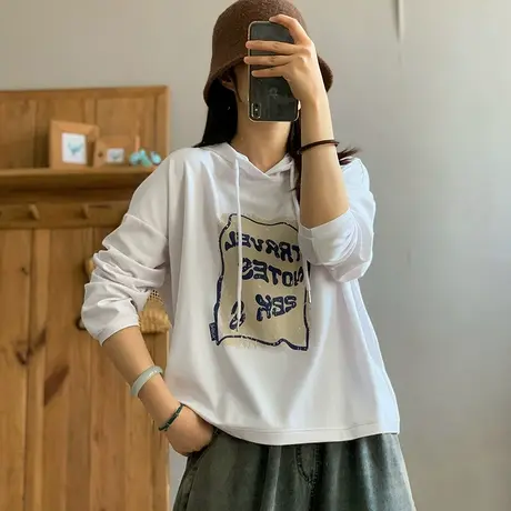 dza 复古纯棉宽松套头连帽卫衣女士2024春季新款宽松休闲长袖上衣图片