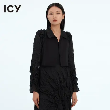 icy女装原创春季新款时尚通勤风个性泡泡袖蕾丝女黑色短外套长袖图片