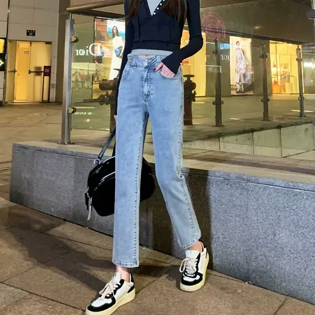 唐狮24春季新款牛仔裤女高腰显瘦修身烟管裤潮流时尚百搭九分裤子图片