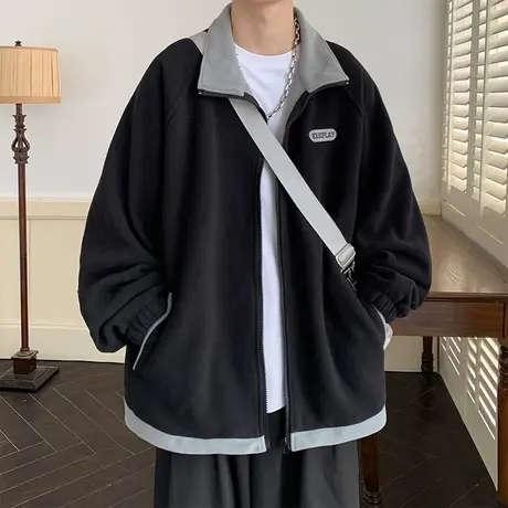 摇粒绒外套男春秋款潮牌刺绣宽松休闲夹克男显瘦秋冬翻领开衫褂子商品大图