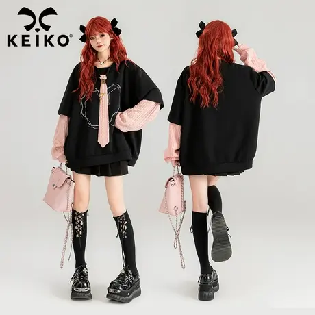 KEIKO 甜系领带饰假两件卫衣2024春夏学院风oversize宽松黑色上衣图片