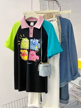 纯棉设计感重工烫钻polo领短袖t恤女夏季新款小众宽松插肩上衣潮商品大图