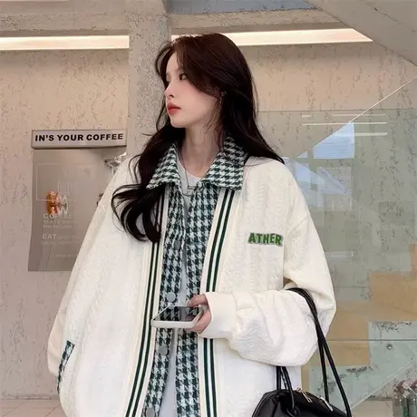 棒球服外套女2023爆款秋冬宽松美式复古假两件设计感小众开衫卫衣商品大图