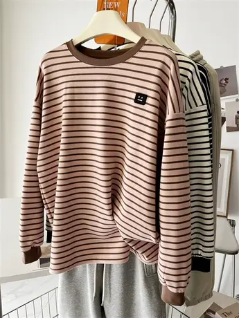 软糯磨毛~复古条纹卫衣女春秋季外穿宽松显瘦百搭打底衫长袖T恤商品大图