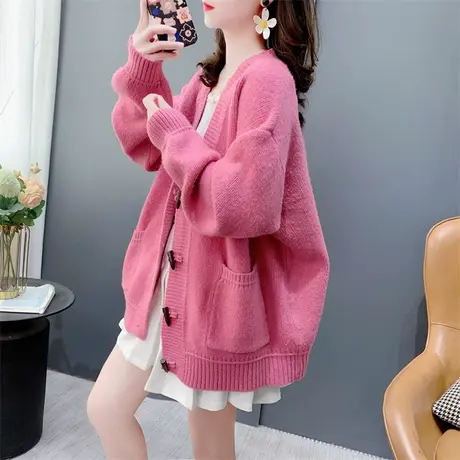 慵懒风牛角扣V领针织开衫女早春2024年新款宽松百搭纯色毛衣外套图片