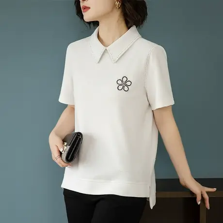 翻领短袖T恤女夏季新款宽松加大码中年妈妈休闲刺绣遮肚显瘦上衣商品大图