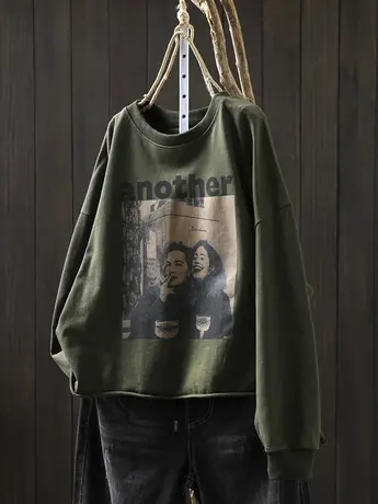 美女印花纯棉卫衣女宽松长袖2024秋装新款复古个性遮肉套头上衣潮商品大图