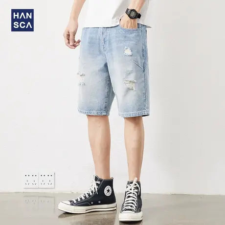 汉斯卡牛仔短裤男夏季薄款复古水洗百搭痞帅破洞休闲五分裤男宽松商品大图