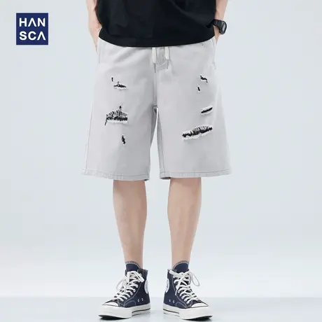 hansca破洞牛仔短裤男夏季薄款潮牌宽松休闲直筒痞帅大码五分裤子商品大图