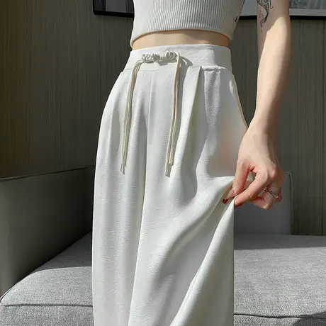 缎面醋酸阔腿西装裤女2024年春夏新中式国风高腰宽松休闲直筒长裤图片