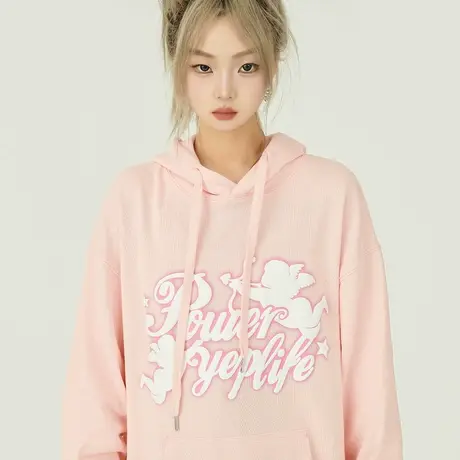 YEP粉色发泡印花连帽卫衣女2023新款春秋季ins韩系复古宽松慵懒风图片