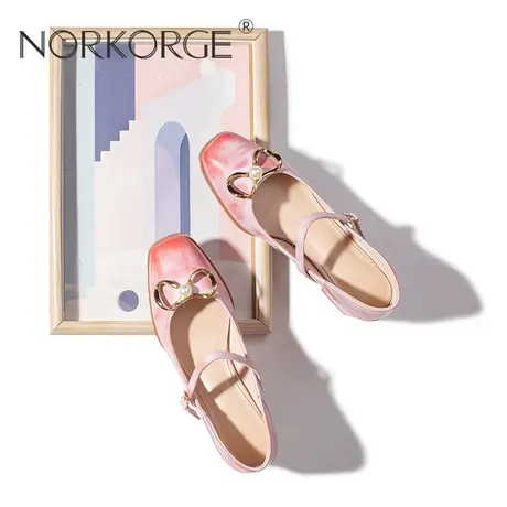 原创新款仙女风方头甜美蜜桃粉玛丽珍单鞋女真皮粗跟配裙子高跟鞋图片