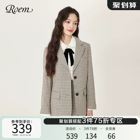 ROEM春秋 新品细格纹学院风休闲宽松小西装外套甜美女复古通勤商品大图