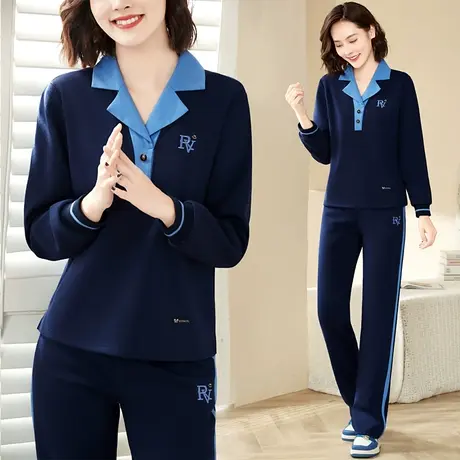 直筒裤运动休闲套装女春秋2023年新款时尚西装领套头潮卫衣两件套图片