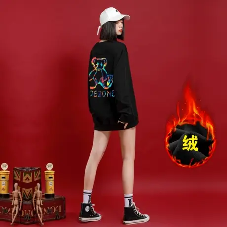 Ohlyah品牌小熊加绒加厚圆领卫衣女保暖休闲百搭纯棉宽松上衣外套商品大图