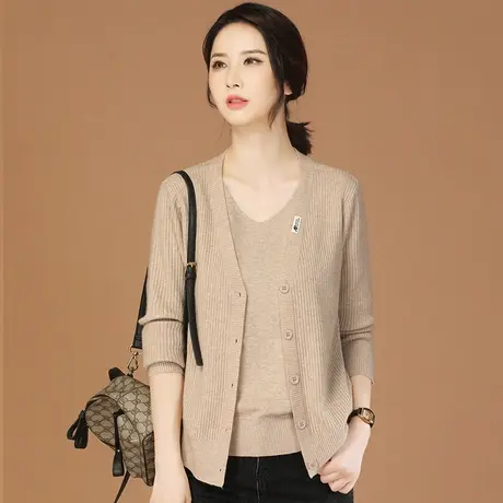 韩潮袭人假两件V领开衫针织衫女2023秋季新款气质小众毛衣外套商品大图