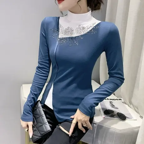 时尚假两件撞色T恤女长袖复古不规则半高领打底衫春秋洋气上衣潮商品大图