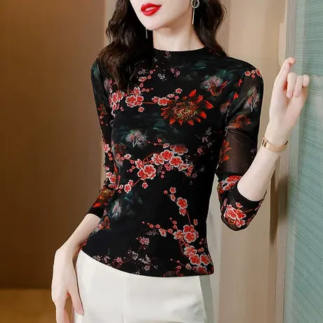 复古印花网纱打底衫女春秋内搭半高领T恤长袖年轻减龄修身上衣ins商品大图