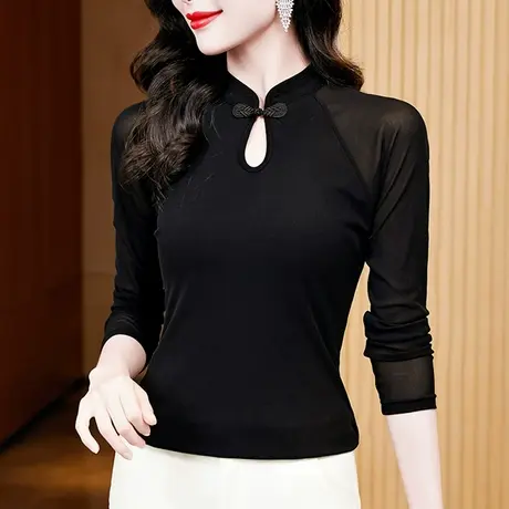 2023秋装新款气质网纱T恤女长袖复古立领盘扣上衣内搭别致打底衫商品大图