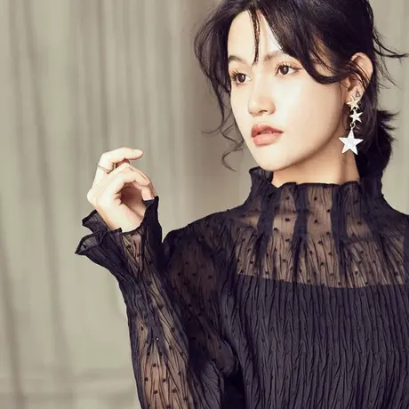 2023秋装新款女韩版雪纺衫上衣超仙黑色小衫蕾丝打底衫女长袖百搭图片