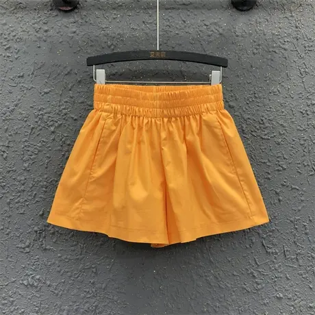 网红糖果色橙色休闲A字阔腿裤女2023夏季新款百搭松紧腰短裤热裤商品大图