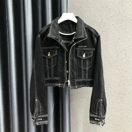 欧洲站2023秋季新款辣妹明线牛仔夹克卡扣双层领假两件短外套女潮图片