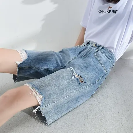 牛仔五分短裤女宽松直筒港味夏季百搭2023新款显瘦破洞中裤ins潮图片