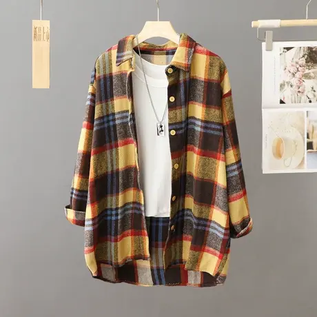 秋冬磨毛格子长袖衬衫女2023春秋新款宽松中长款休闲洋气衬衣外套图片