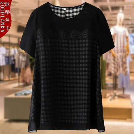 中年胖妈妈夏装短袖T恤裙大码宽松洋气高贵妈妈装蕾丝边连衣裙子商品大图