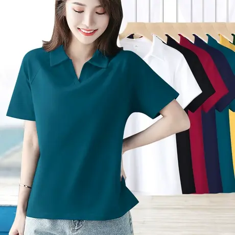 纯棉短袖t恤女夏装纯色Polo衫有领无扣大码宽松女士翻领半袖体恤商品大图