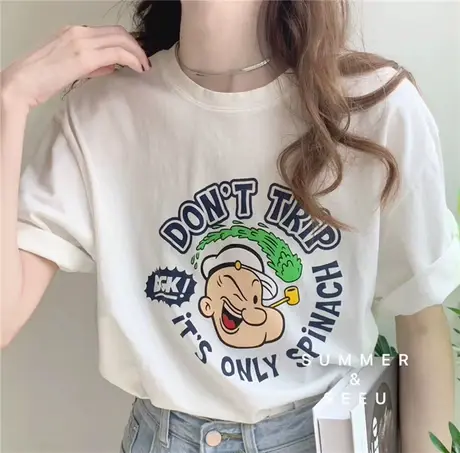 白色短袖t恤女2021夏装新款韩国订单款ins潮卡通百搭宽松女装上衣商品大图