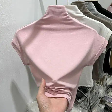 短款高腰气质半高领短袖T恤女2023春夏新款修身半袖打底小衫上衣图片