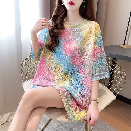 短袖t恤女夏季韩版宽松大码女装中长款镂空薄款扎染民族风上衣潮图片