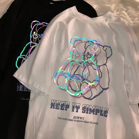 美式vintage复古小熊t恤胖mm大码炸街反光上衣ins潮oversize短袖商品大图