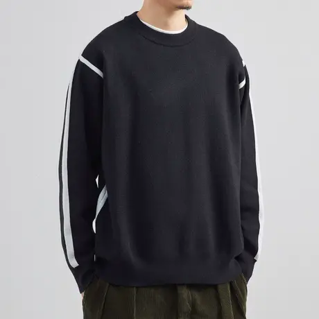 奕飏休闲圆领毛衣男士2022秋冬季新款韩版潮流宽松针织衫拼色线衣图片