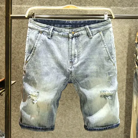 潮牌复古破洞牛仔短裤男款宽松直筒休闲中裤夏季薄款斜口袋五分裤商品大图