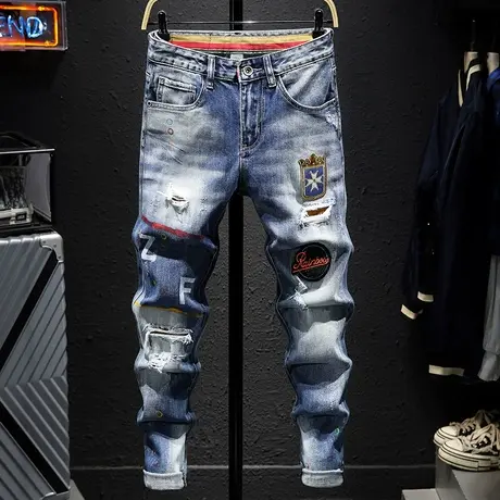 春夏款潮牌破洞牛仔裤男修身小脚弹力百搭男士休闲乞丐裤子男显瘦商品大图