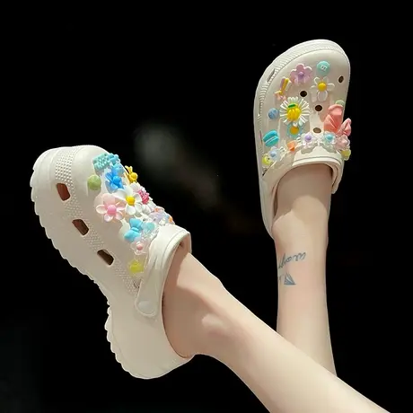 洞洞鞋女夏季ins潮外穿时尚可爱花朵松糕厚底增高防滑包头凉拖鞋商品大图