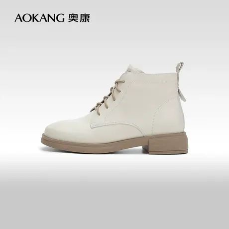 【门店发货】奥康女鞋2023秋季新款真皮舒适系带短靴舒适方跟英伦商品大图