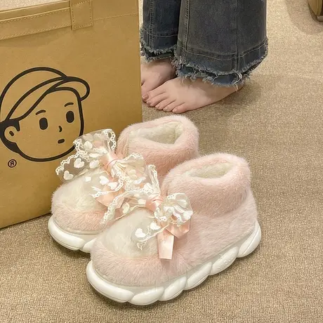 可爱蝴蝶结棉拖鞋女士冬季外穿保暖毛绒居家EVA厚底高帮包跟棉鞋商品大图