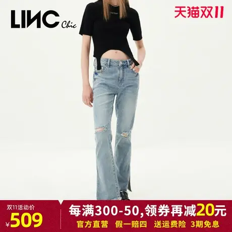 LINC金羽杰2023年秋季新款紧致弹力中腰破洞喇叭裤开叉牛仔裤女商品大图