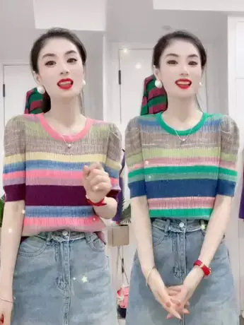 针织衫T恤女2023夏季新款彩虹条纹体恤短袖小众韩版百搭显瘦上衣商品大图