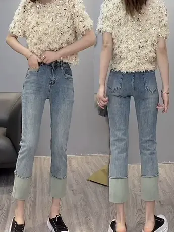 直筒牛仔裤女春秋季高腰显瘦2023年新款小个子翻边烟管裤子ins潮商品大图