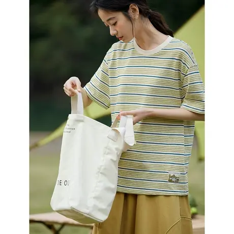 茵曼田园风经典撞色条纹圆领T恤2023夏女装新款宽松落肩短袖上衣商品大图