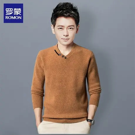 罗蒙男士纯羊毛V领针织衫2023冬季新款中年时尚休闲修身打底毛衣图片